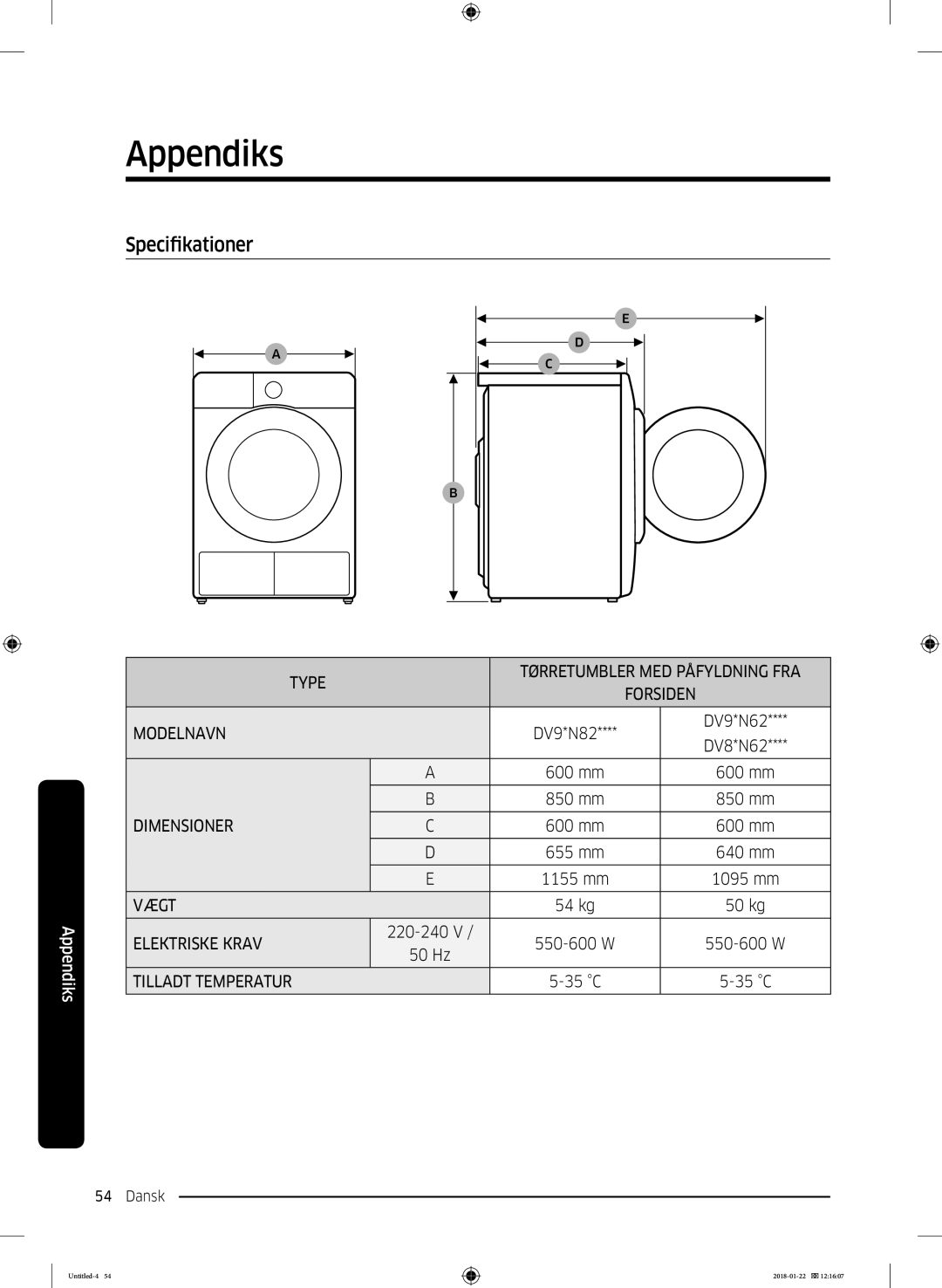 Samsung DV90N62632W/EE manual Specifikationer 