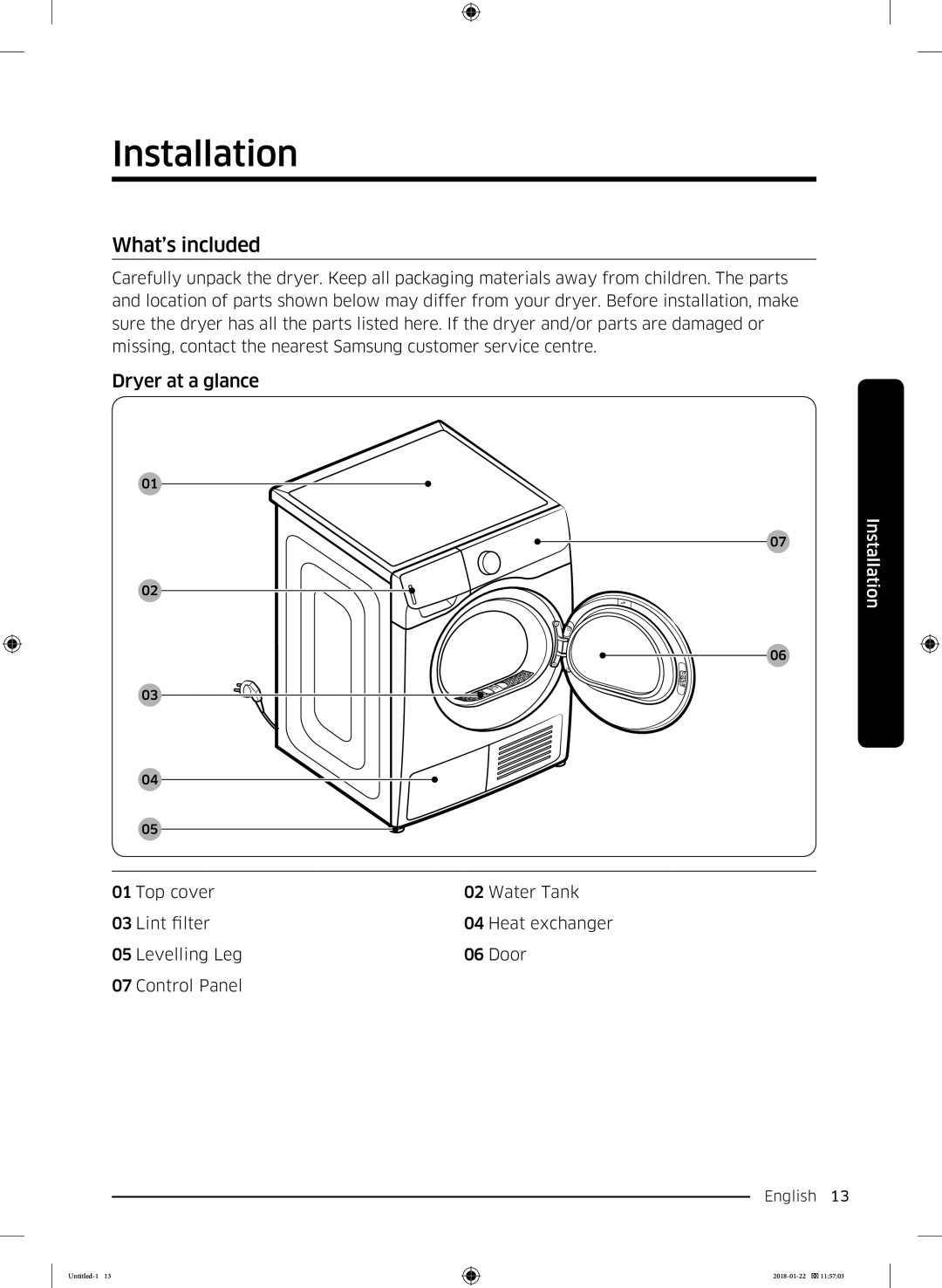 Samsung DV90N62632W/EE manual Installation, What’s included, Dryer at a glance 