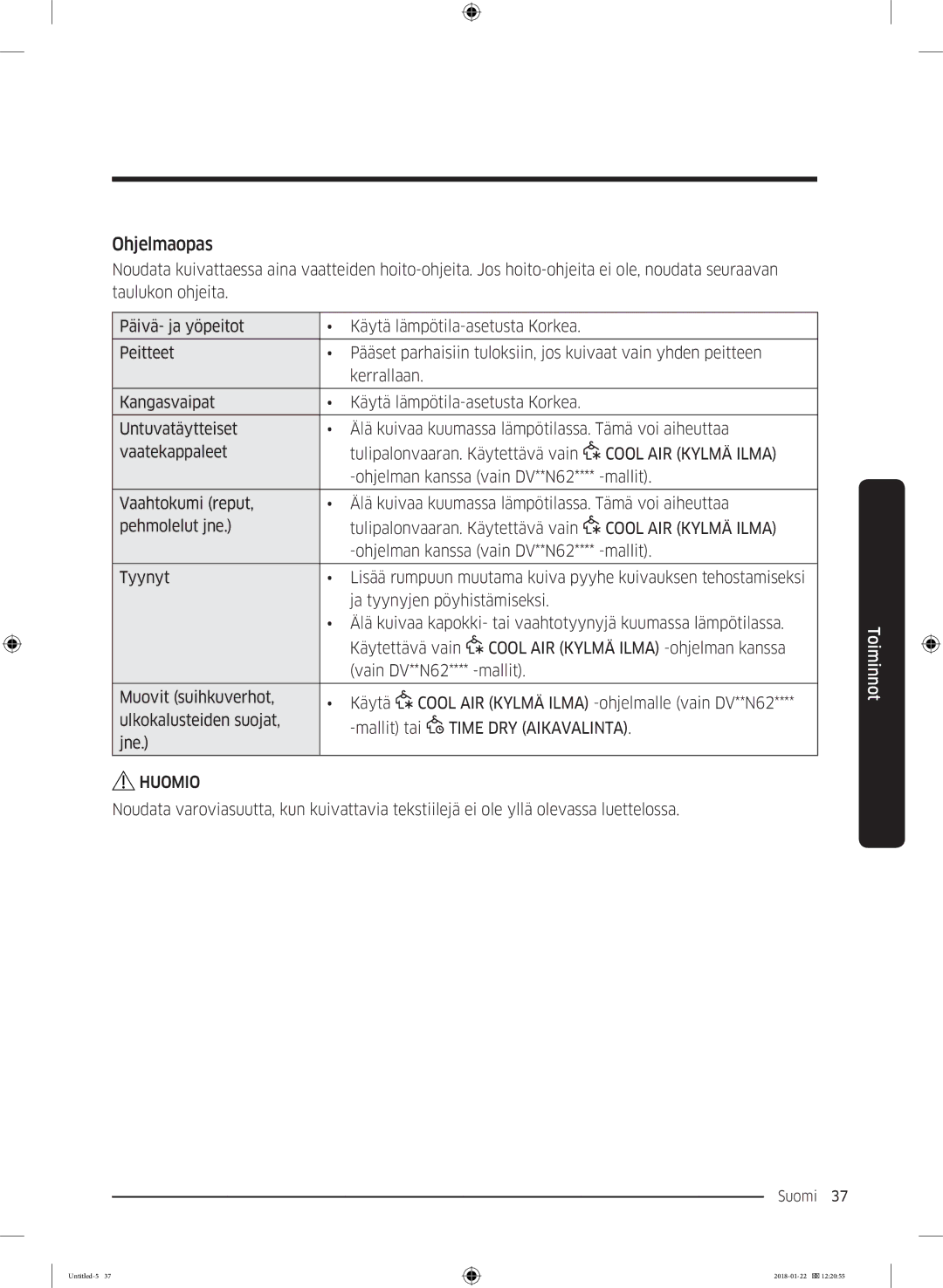 Samsung DV90N62632W/EE manual Ohjelmaopas, Cool AIR Kylmä Ilma 