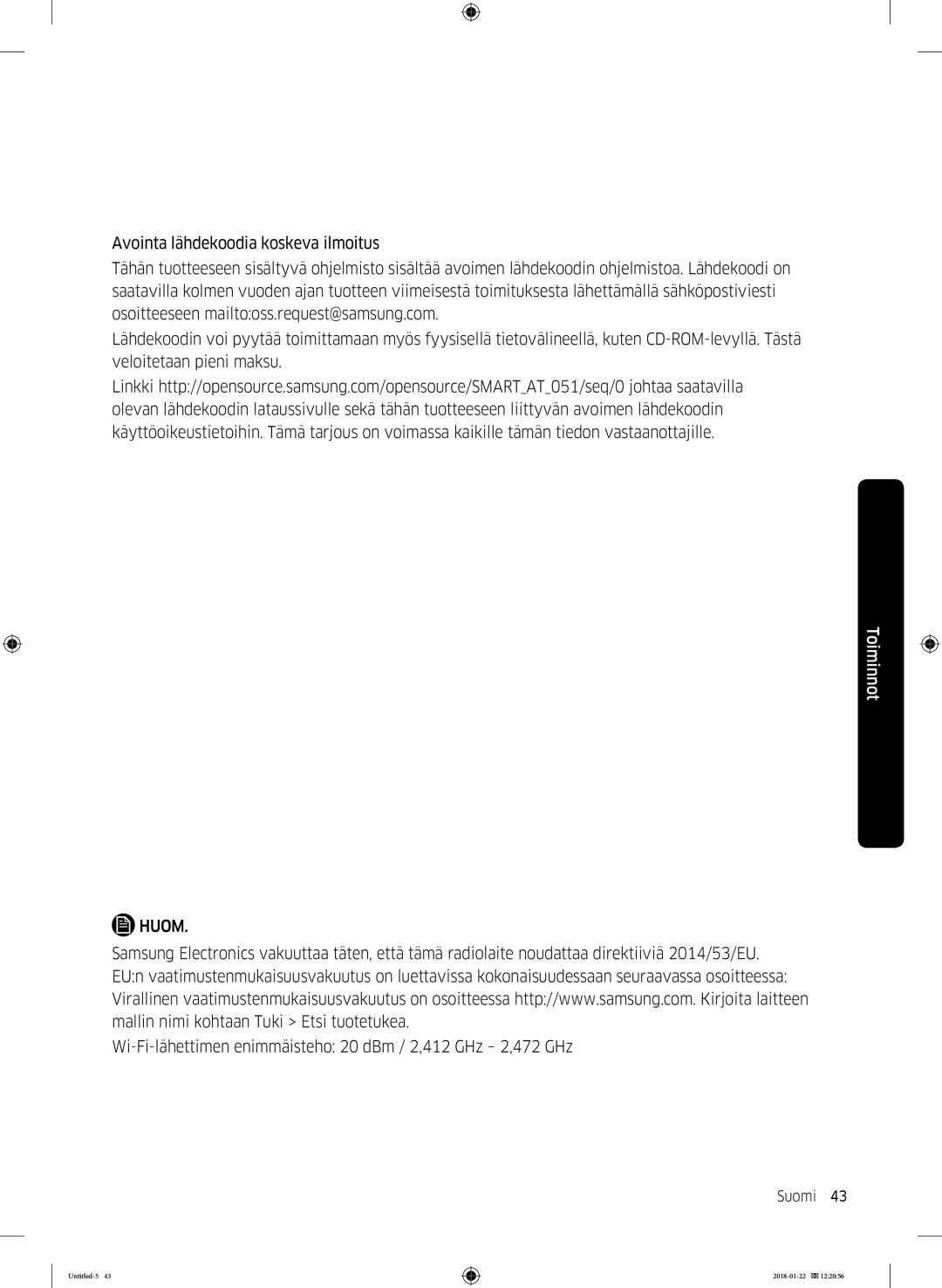 Samsung DV90N62632W/EE manual Wi-Fi-lähettimen enimmäisteho 20 dBm / 2,412 GHz 2,472 GHz 