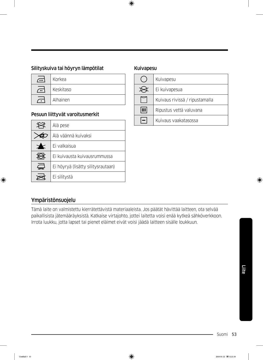 Samsung DV90N62632W/EE Ympäristönsuojelu, Silityskuiva tai höyryn lämpötilat, Pesuun liittyvät varoitusmerkit, Kuivapesu 