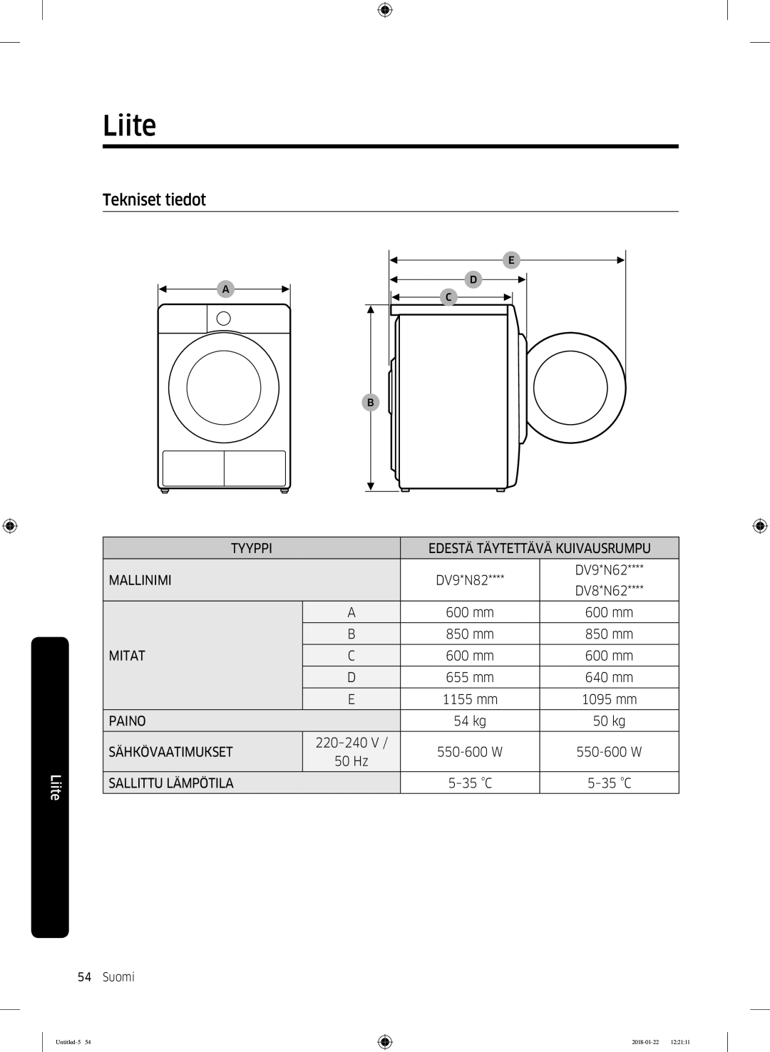 Samsung DV90N62632W/EE manual Tekniset tiedot 