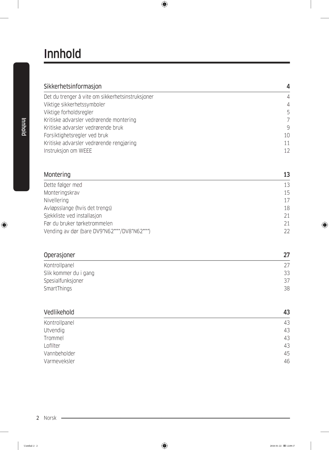 Samsung DV90N62632W/EE manual Innhold, Sikkerhetsinformasjon, Montering, Operasjoner, Vedlikehold 