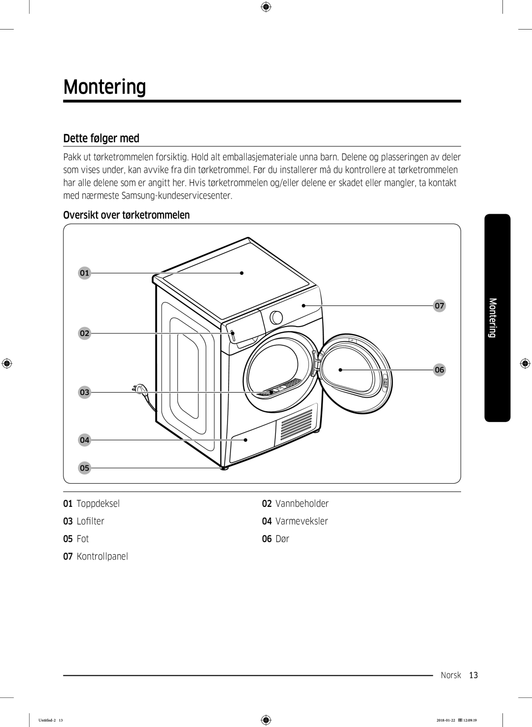 Samsung DV90N62632W/EE manual Montering, Dette følger med, Oversikt over tørketrommelen 