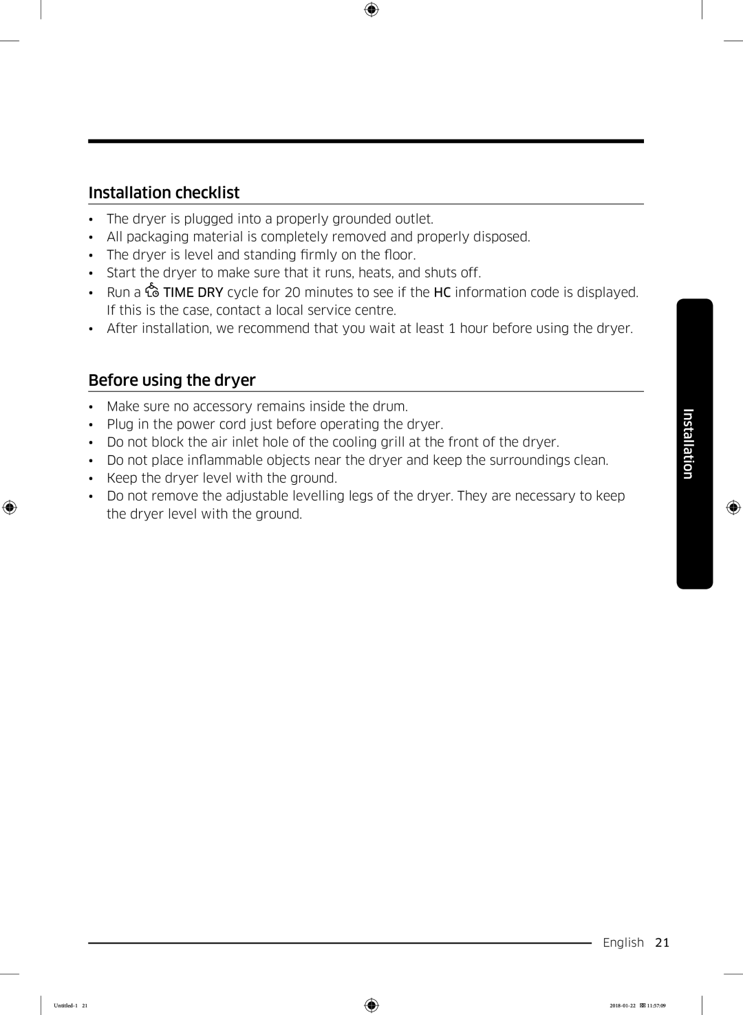 Samsung DV90N62632W/EE manual Installation checklist, Before using the dryer 