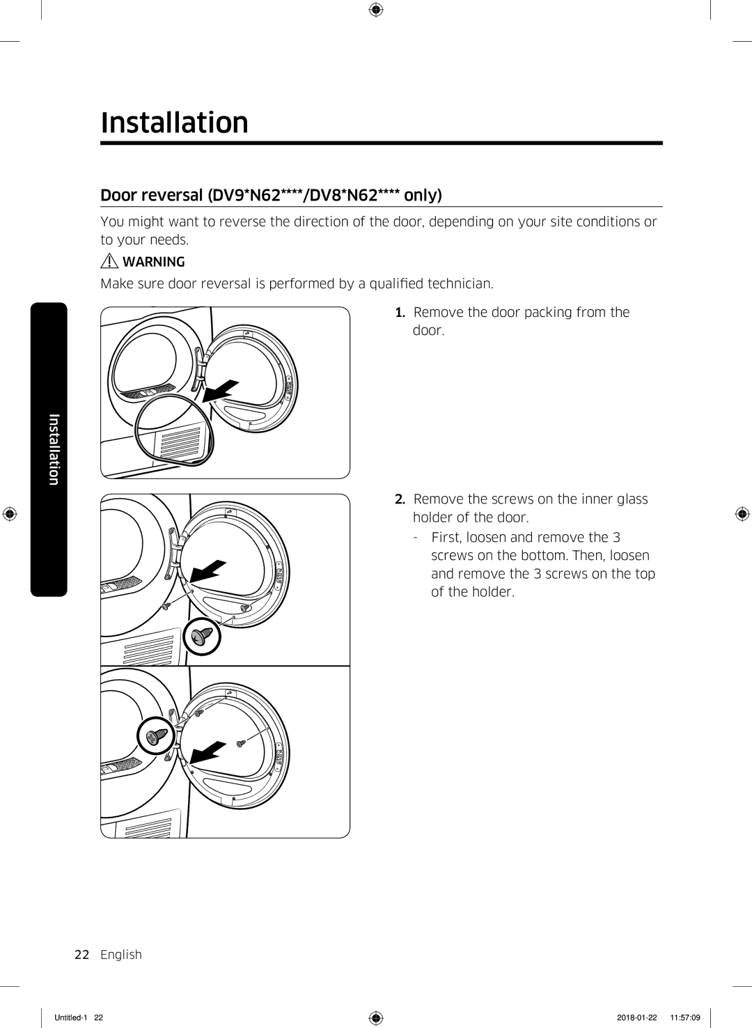 Samsung DV90N62632W/EE manual Door reversal DV9*N62****/DV8*N62**** only 
