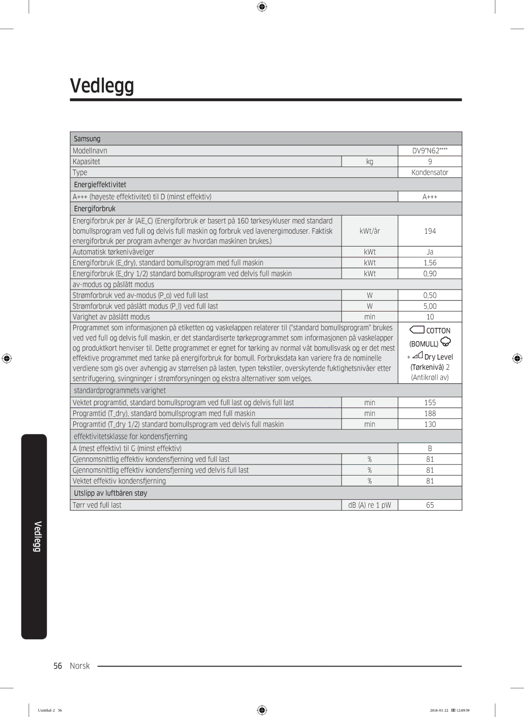 Samsung DV90N62632W/EE manual Samsung Modellnavn Kapasitet Type Energieffektivitet 