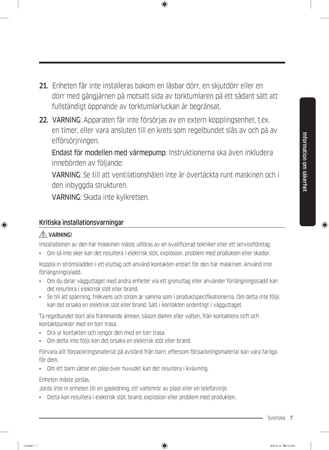 Samsung DV90N62632W/EE manual Kritiska installationsvarningar, Varning 