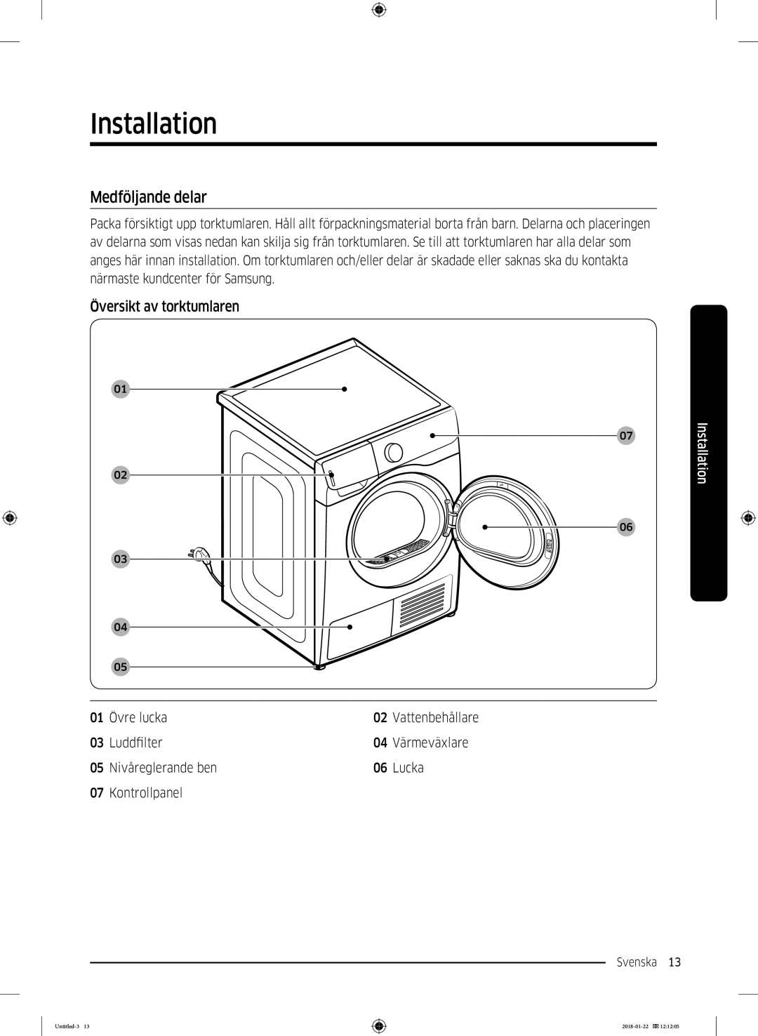 Samsung DV90N62632W/EE manual Medföljande delar, Översikt av torktumlaren 