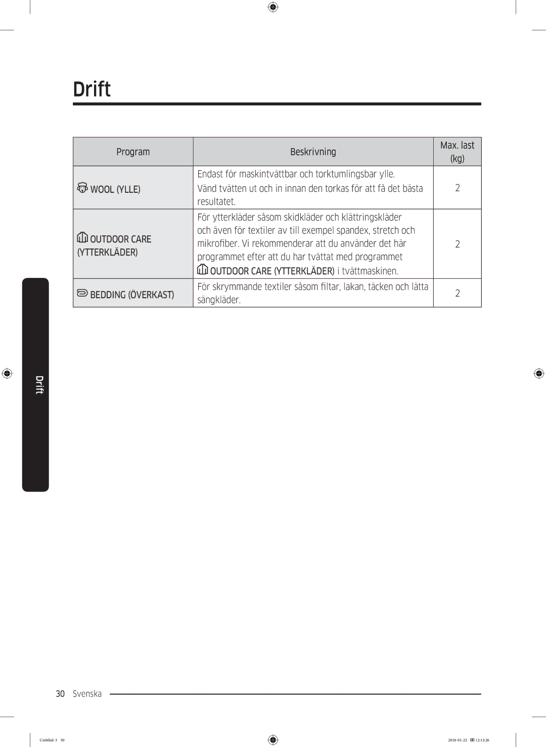 Samsung DV90N62632W/EE manual Wool Ylle, Ytterkläder, Bedding Överkast 