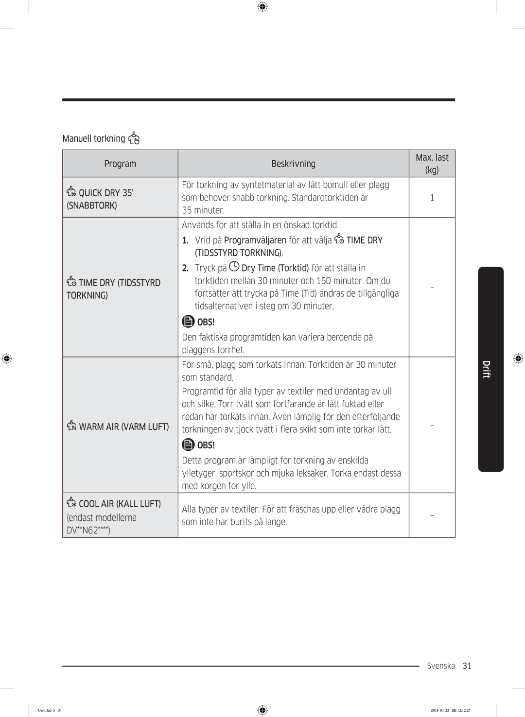 Samsung DV90N62632W/EE manual Snabbtork, Time DRY Tidsstyrd, Obs, Warm AIR Varm Luft, Cool AIR Kall Luft 