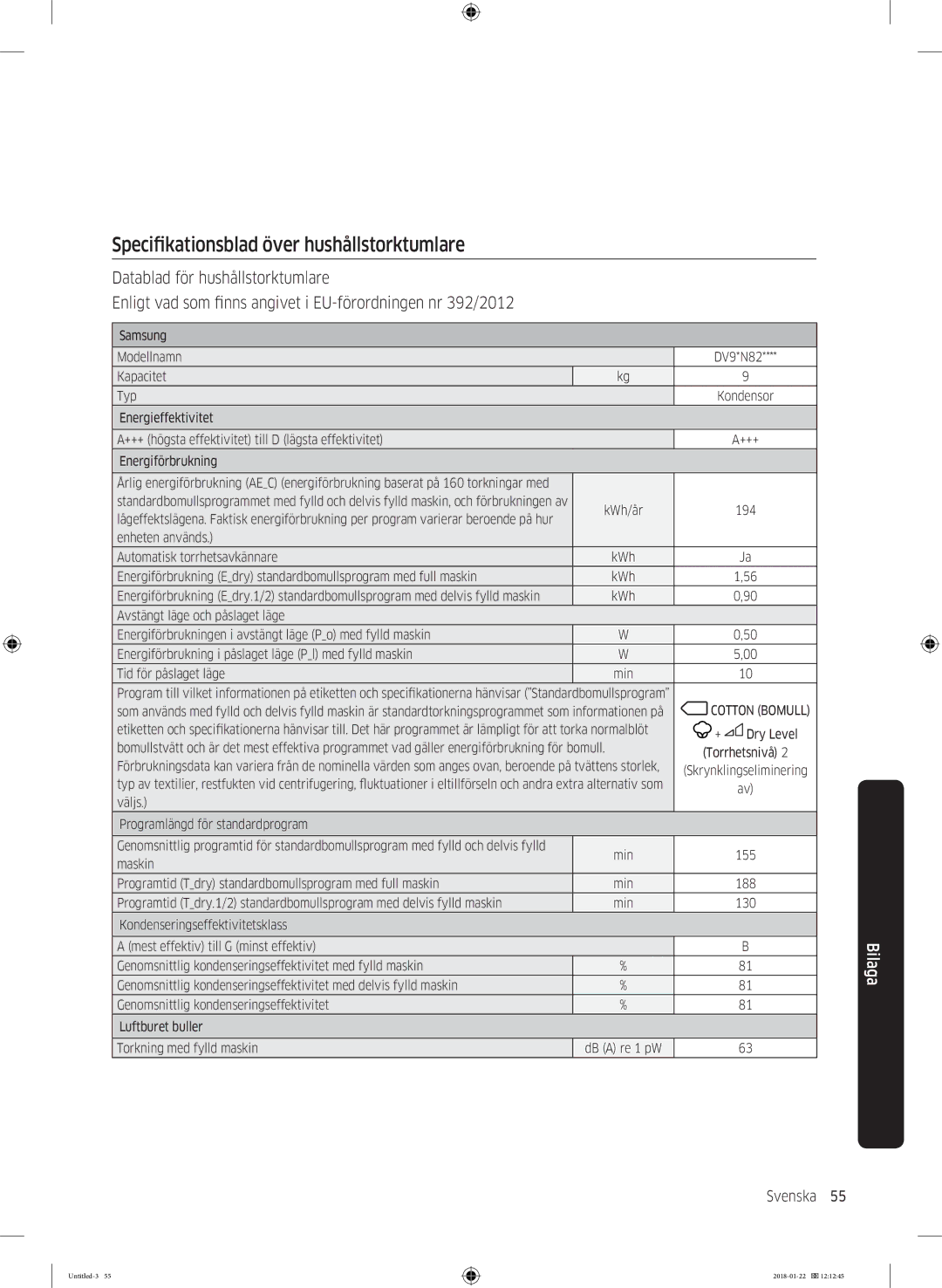 Samsung DV90N62632W/EE manual Specifikationsblad över hushållstorktumlare, Energiförbrukning 