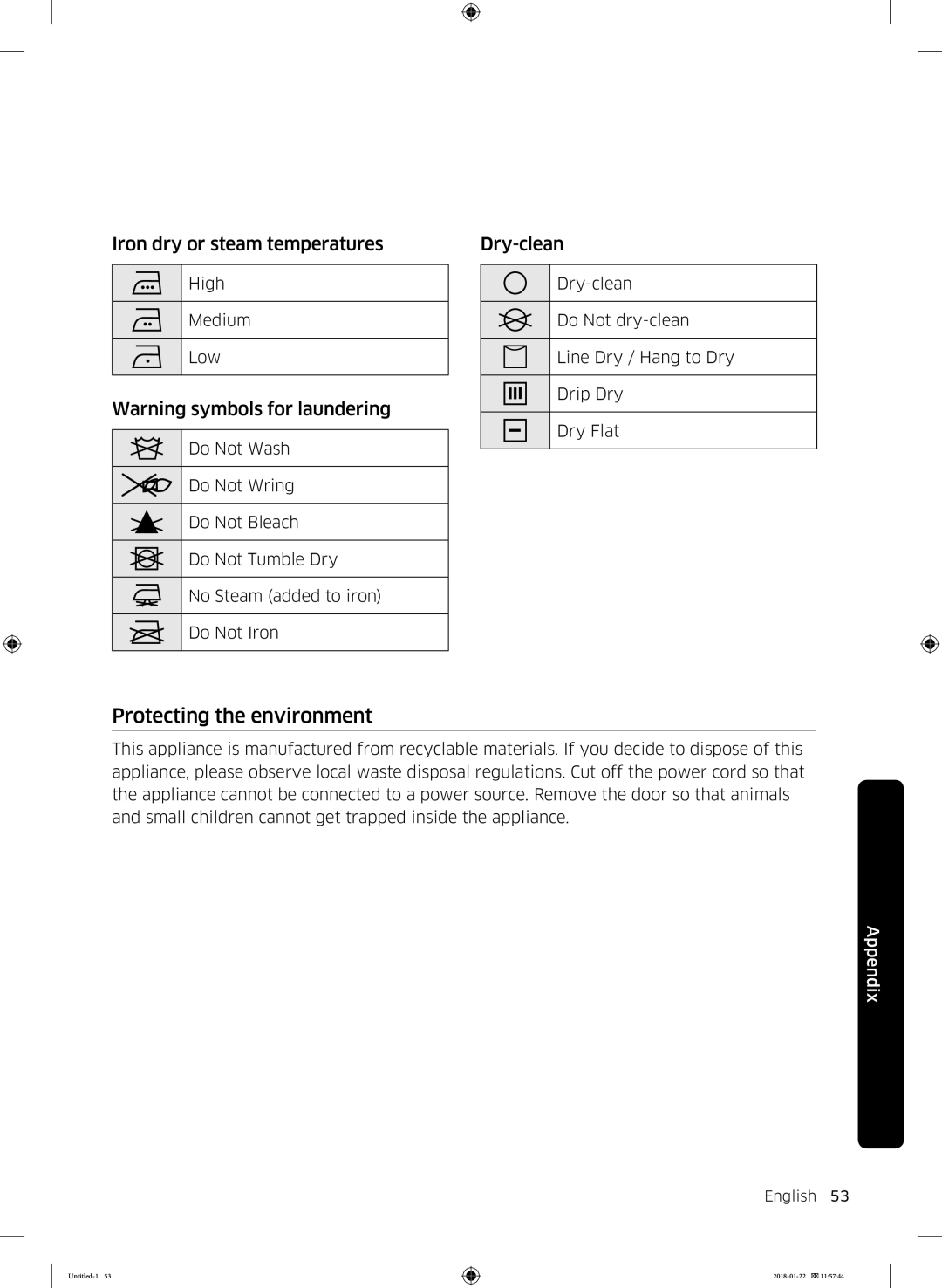 Samsung DV90N62632W/EE manual Protecting the environment, Iron dry or steam temperatures, Dry-clean 