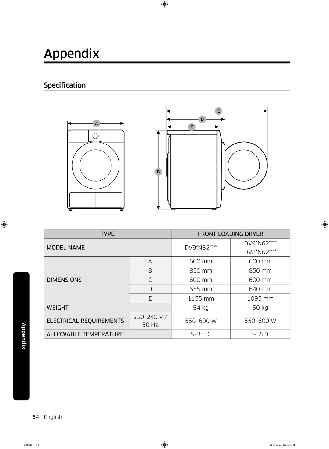 Samsung DV90N62632W/EE manual Specification 