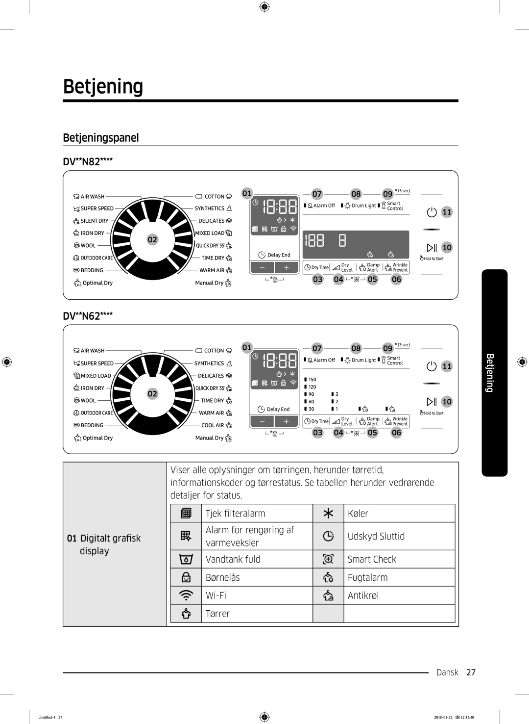 Samsung DV90N62632W/EE manual Betjeningspanel 