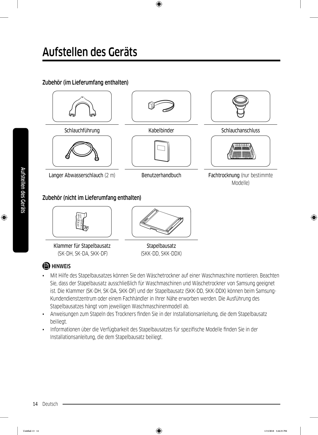 Samsung DV90N8289AW/EG, DV81N62532W/EG manual Zubehör im Lieferumfang enthalten, Zubehör nicht im Lieferumfang enthalten 