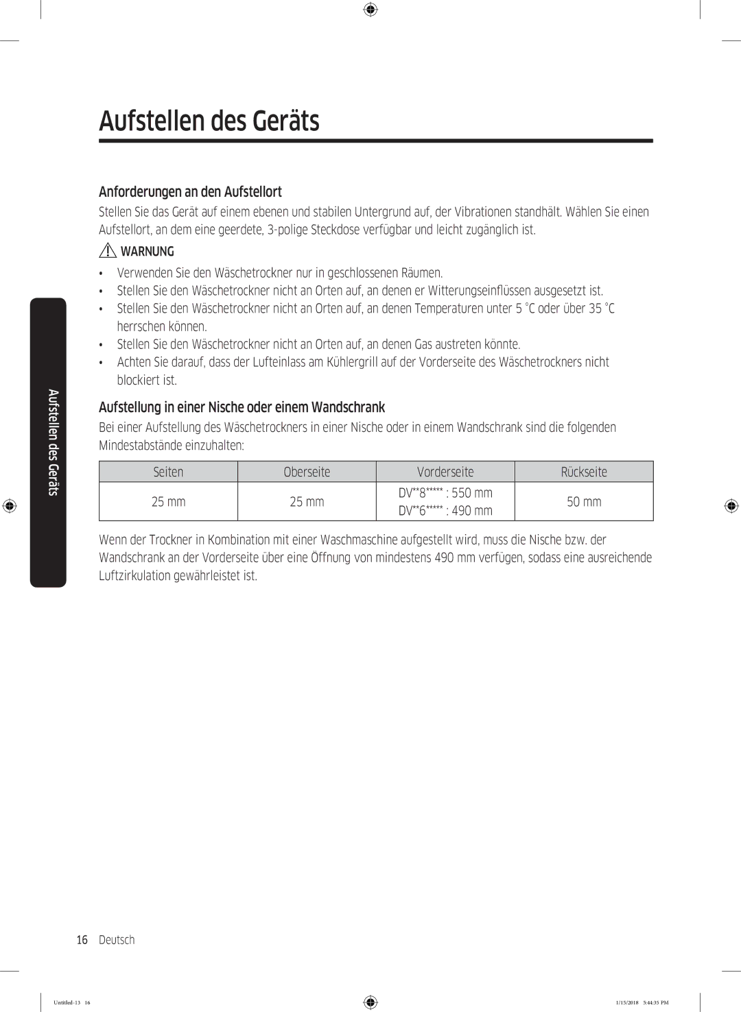 Samsung DV90N8289AW/EG manual Anforderungen an den Aufstellort, Aufstellung in einer Nische oder einem Wandschrank 