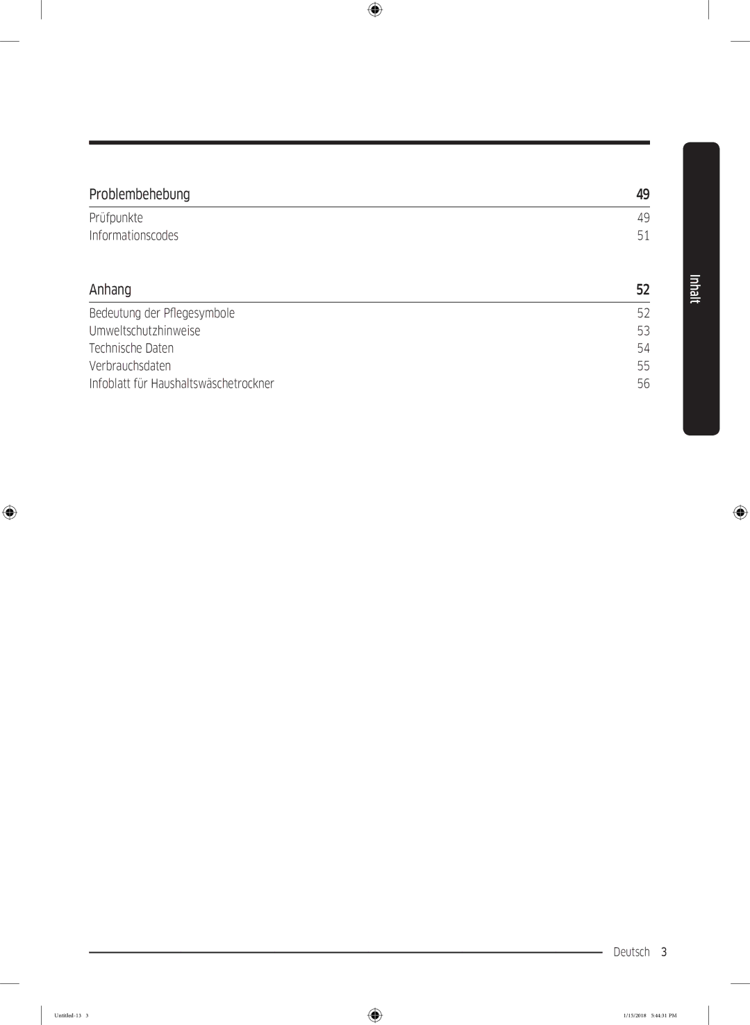 Samsung DV81N62532W/EG manual Problembehebung, Anhang, Prüfpunkte Informationscodes, Infoblatt für Haushaltswäschetrockner 