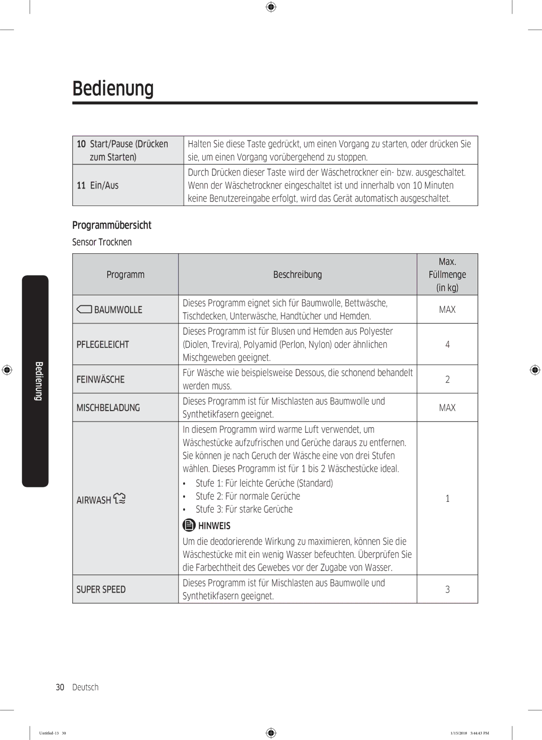 Samsung DV90N8289AW/EG, DV81N62532W/EG manual Programmübersicht 