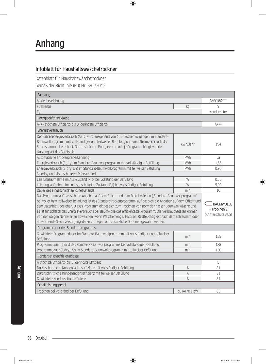 Samsung DV90N8289AW/EG, DV81N62532W/EG manual Infoblatt für Haushaltswäschetrockner, Energieverbrauch 