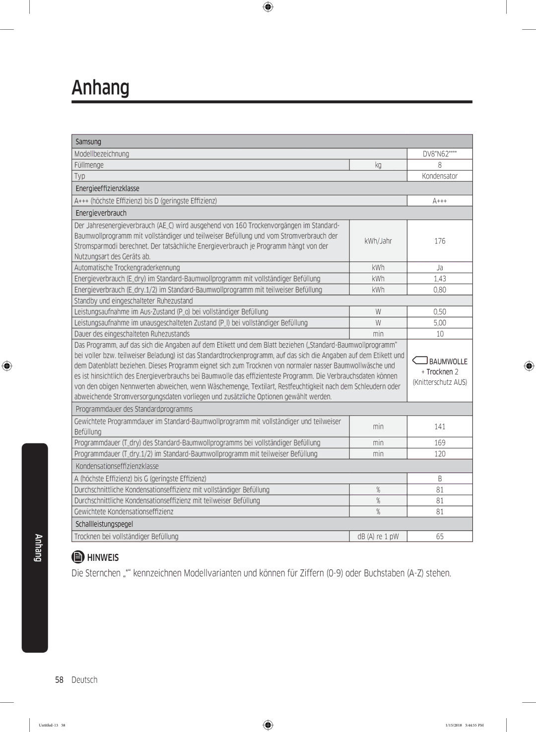 Samsung DV90N8289AW/EG, DV81N62532W/EG manual Samsung Modellbezeichnung DV8*N62 Füllmenge Typ 