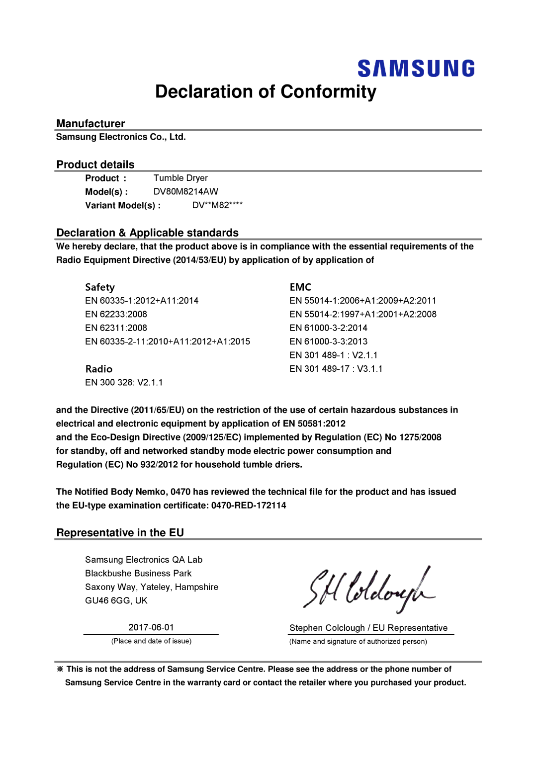 Samsung DV90M8204AW/EF manual Declaration of Conformity, Manufacturer Product details, Declaration & Applicable standards 