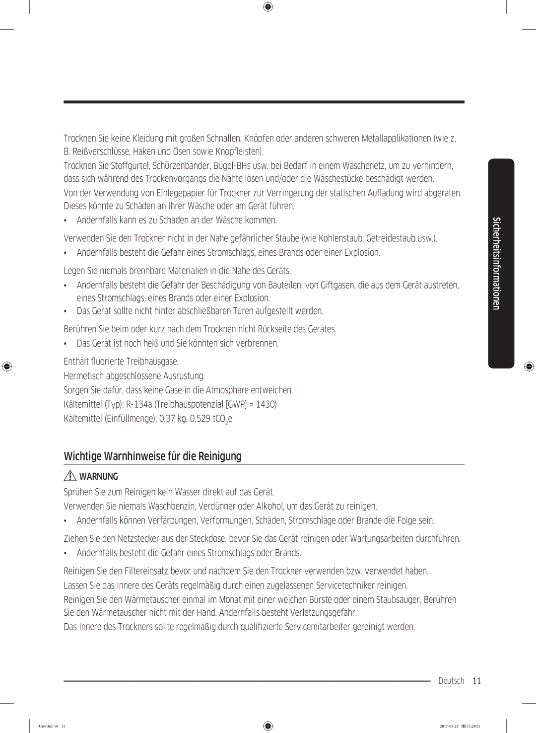 Samsung DV91M8204AW/EG manual Wichtige Warnhinweise für die Reinigung 