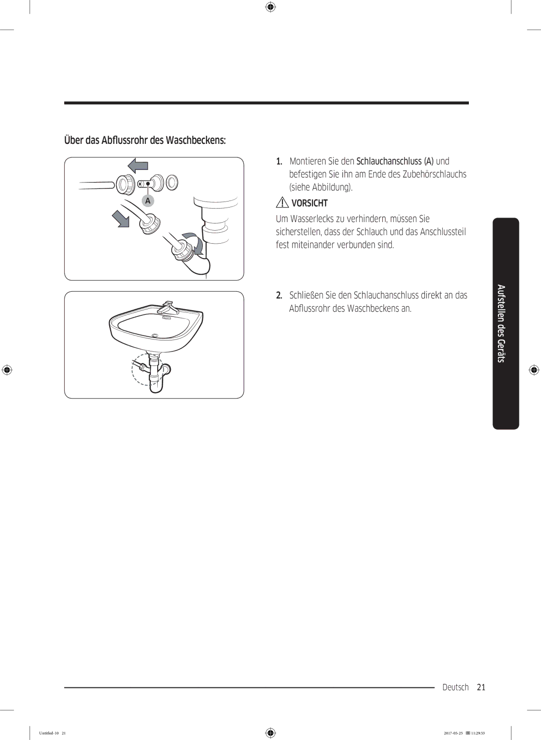 Samsung DV91M8204AW/EG manual Über das Abflussrohr des Waschbeckens 