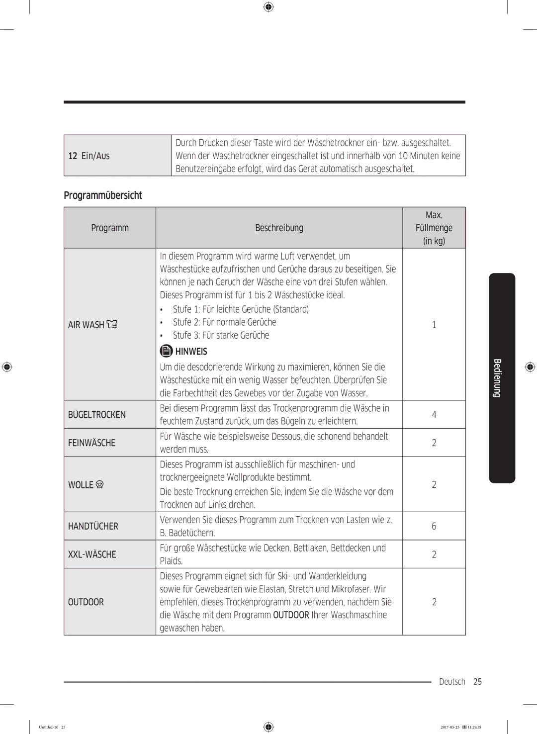 Samsung DV91M8204AW/EG manual Programmübersicht 