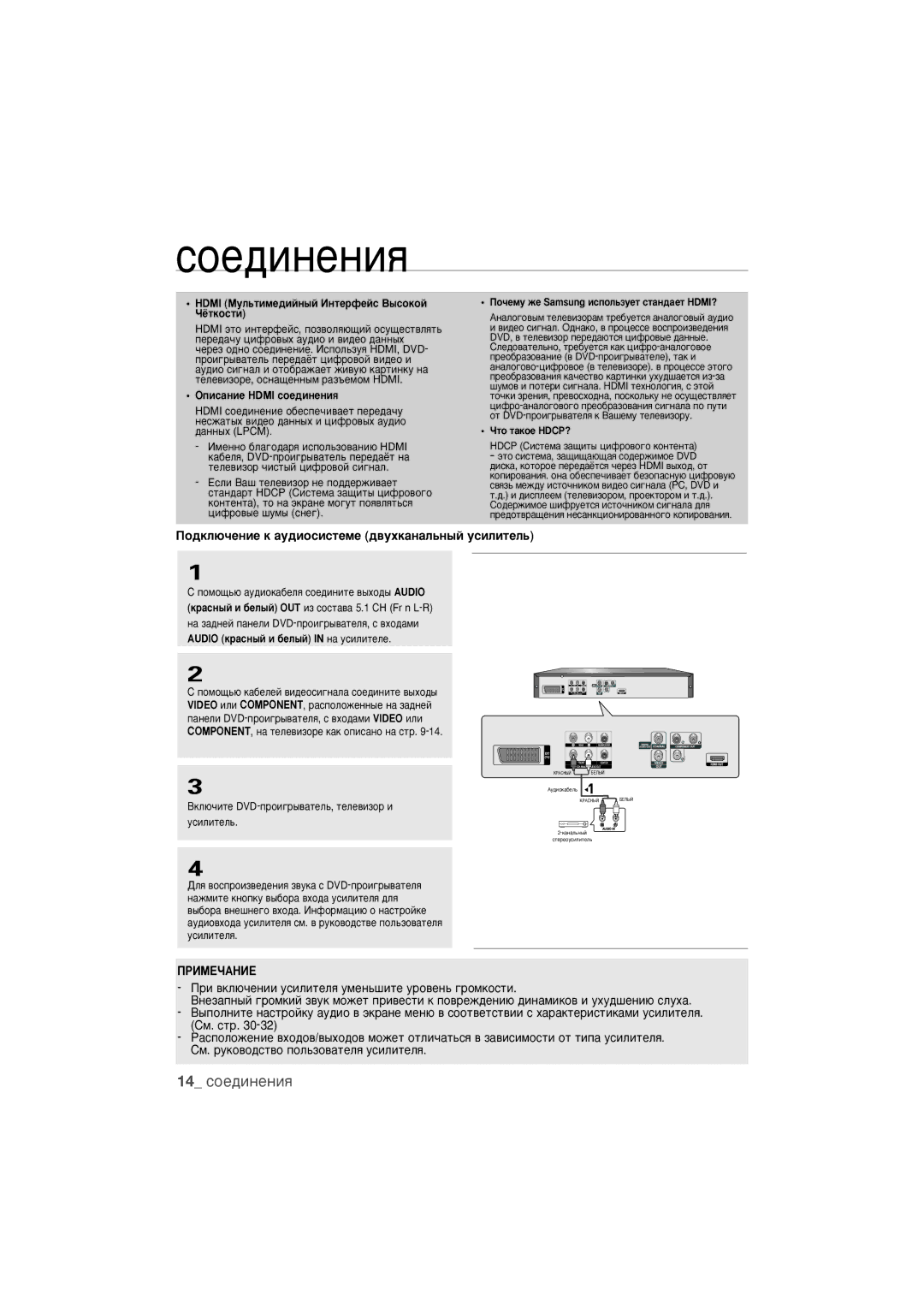 Samsung DVD-1080K9/XER manual 14 ÒÓÂ‰ËÌÂÌËﬂ, ÈÓ‰ÍÎ˛˜ÂÌËÂ Í ‡Û‰ËÓÒËÒÚÂÏÂ ‰‚ÛıÍ‡Ì‡Î¸Ì˚È ÛÒËÎËÚÂÎ¸ 