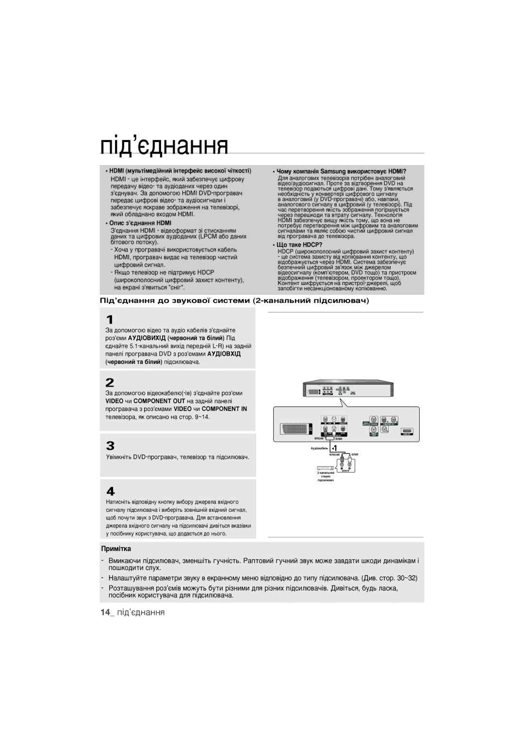 Samsung DVD-1080K9/XER manual 14 Ô¥‰’π‰Ì‡ÌÌﬂ, ¥‰’π‰Ì‡ÌÌﬂ ‰Ó Á‚ÛÍÓ‚Óª Òëòúâïë 2-Í‡Ì‡Î¸ÌËÈ Ô¥‰ÒËÎ˛‚‡˜ 