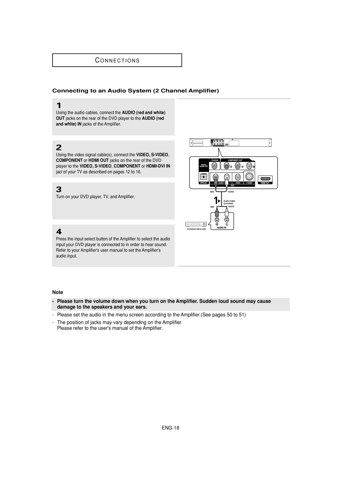 Samsung DVD-1080P7 manual Connecting to an Audio System 2 Channel Amplifier, Turn on your DVD player, TV, and Amplifier 