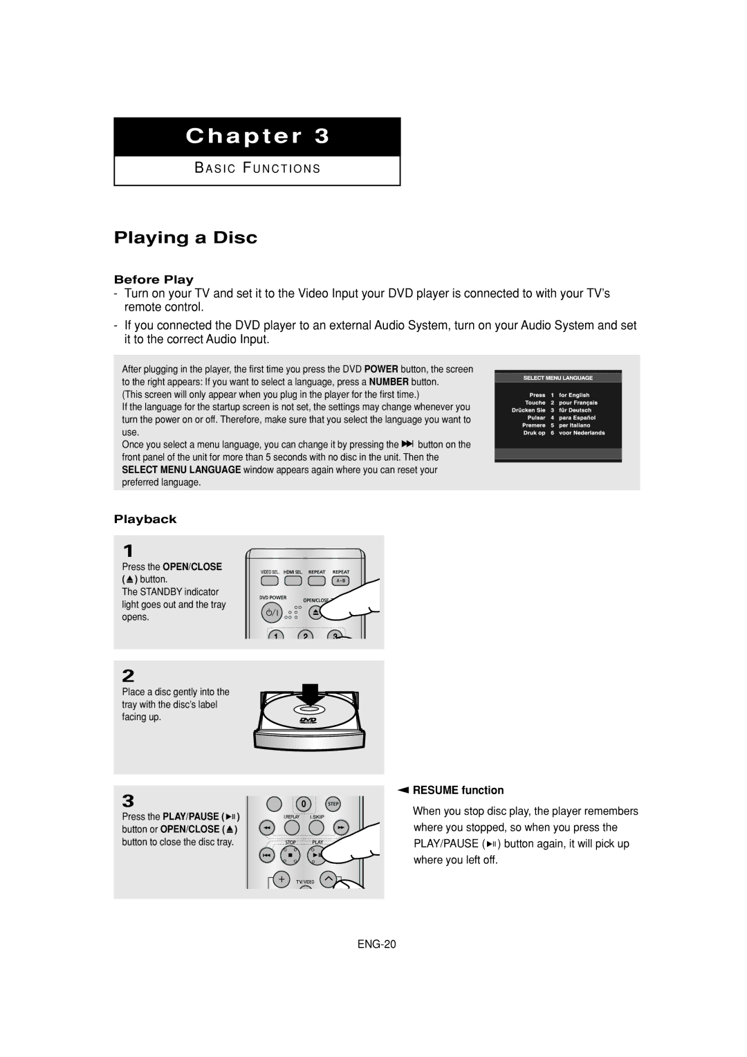 Samsung DVD-1080P7 manual Playing a Disc, Before Play, Playback, Resume function 