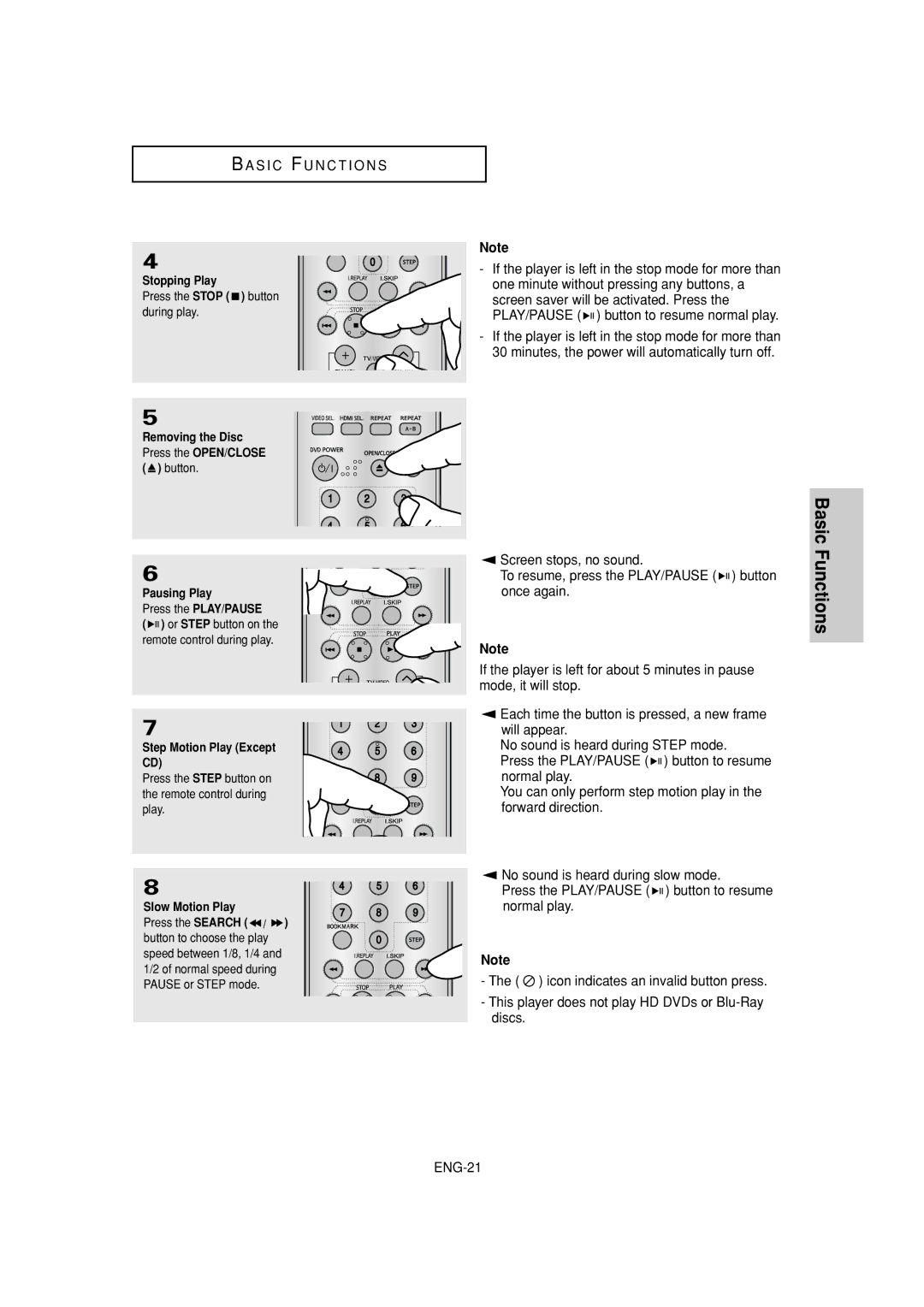 Samsung DVD-1080P7 manual Stopping Play, Removing the Disc, Pausing Play, Step Motion Play Except, Slow Motion Play 