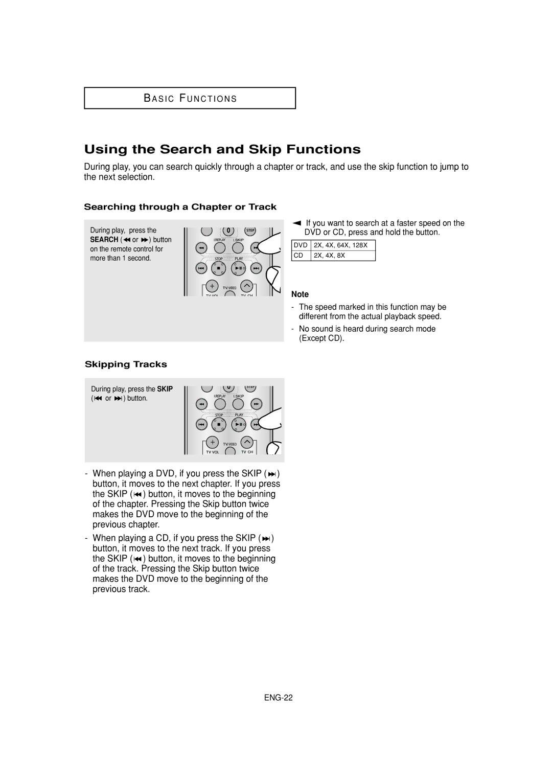 Samsung DVD-1080P7 manual Using the Search and Skip Functions, Searching through a Chapter or Track, Skipping Tracks 