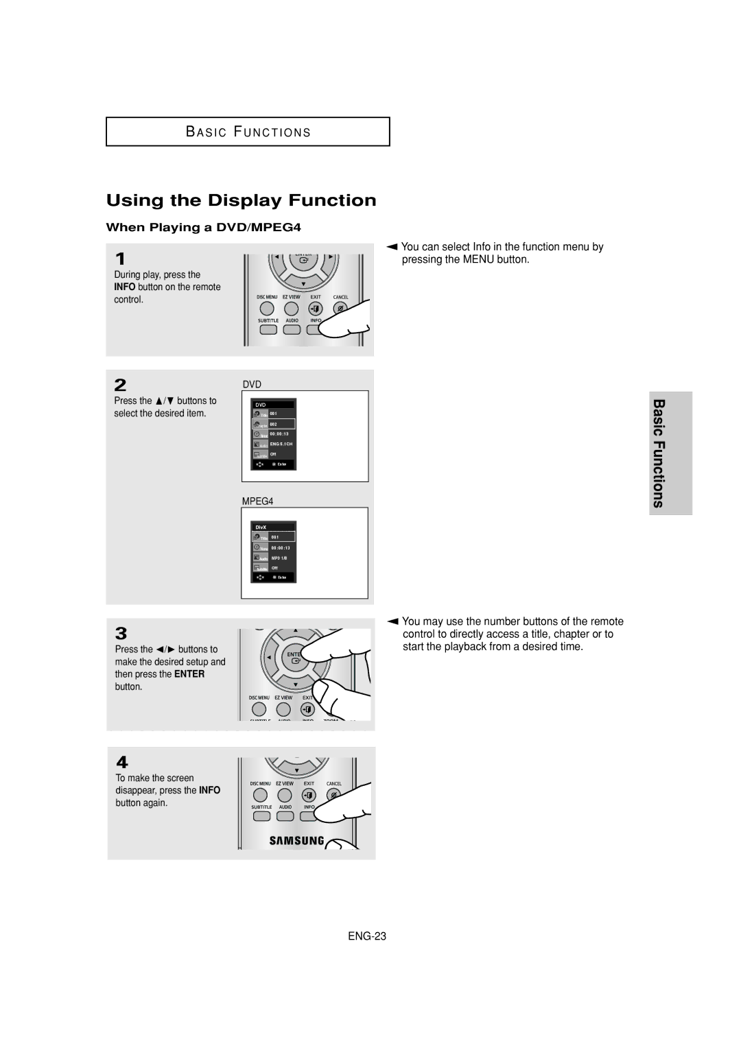 Samsung DVD-1080P7 manual Using the Display Function, When Playing a DVD/MPEG4 