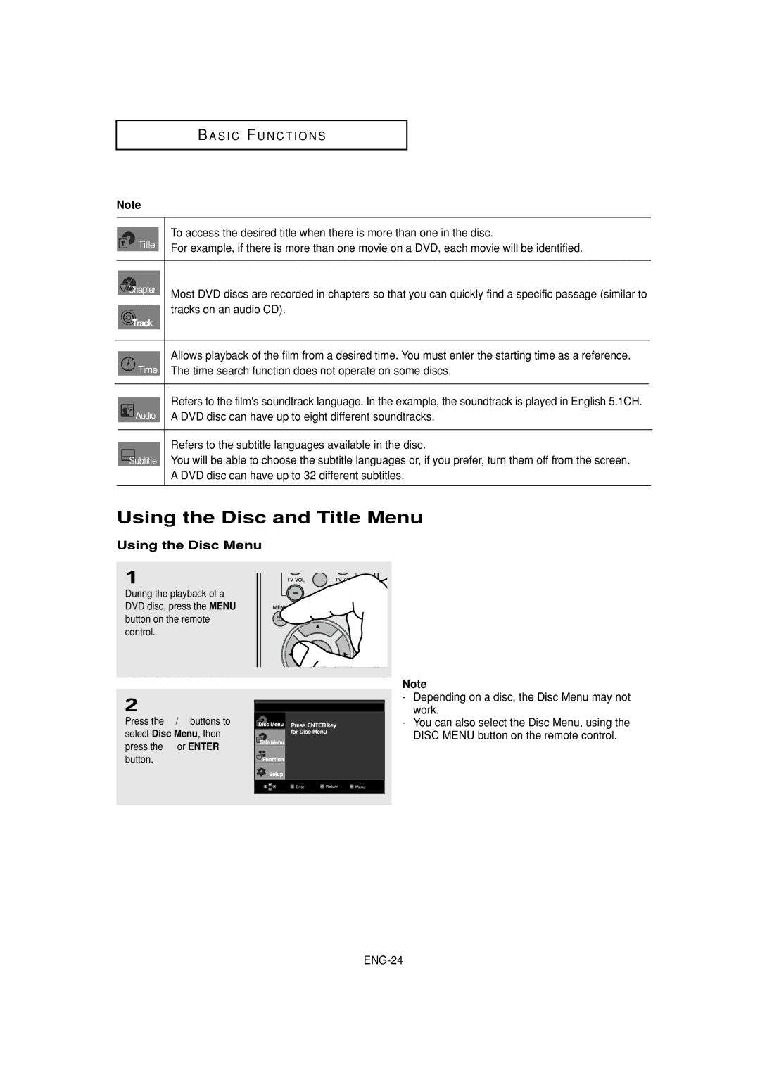 Samsung DVD-1080P7 Using the Disc and Title Menu, Using the Disc Menu, Select Disc Menu, then, Press the  or Enter Button 