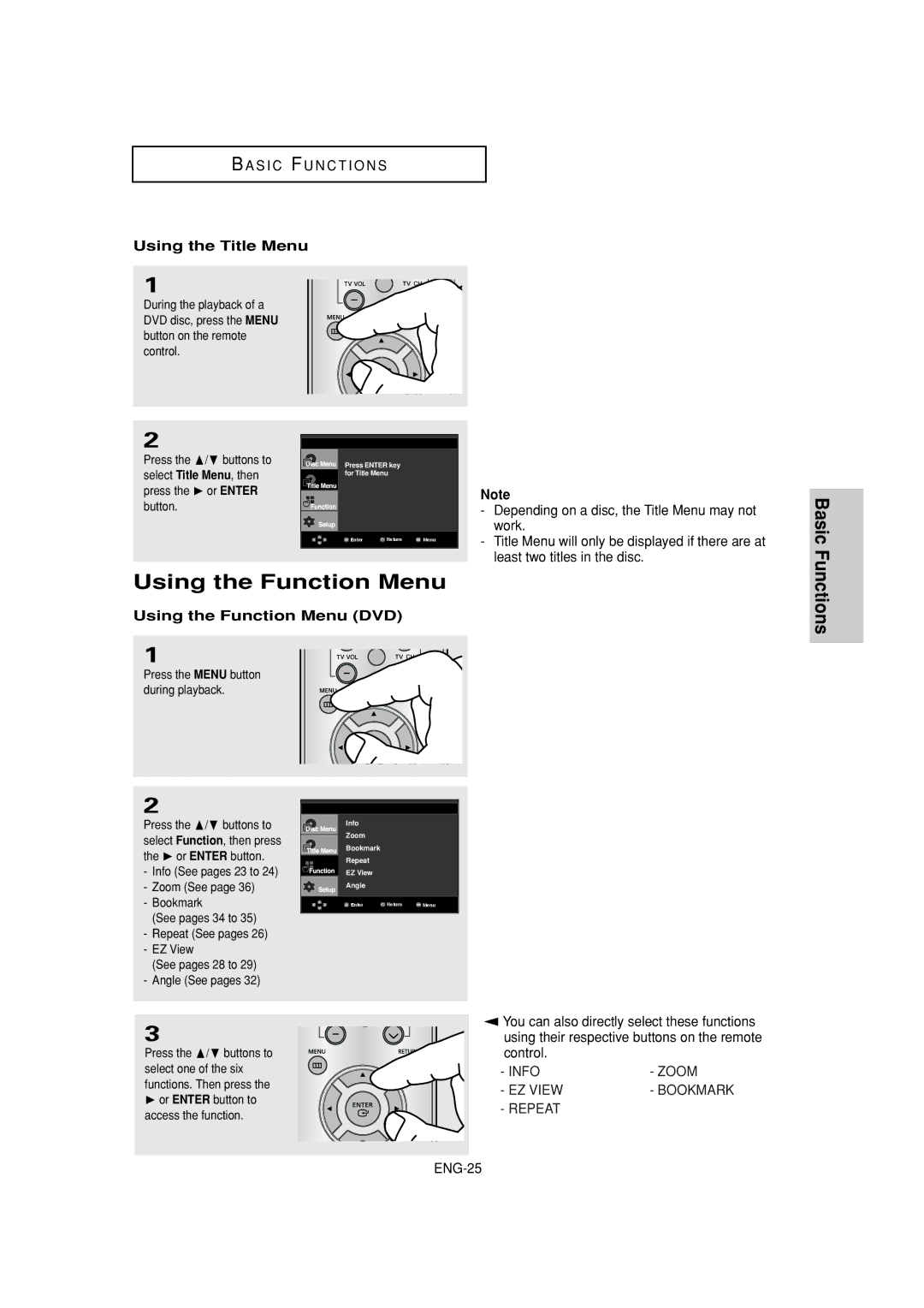 Samsung DVD-1080P7 manual Using the Title Menu, Using the Function Menu DVD 