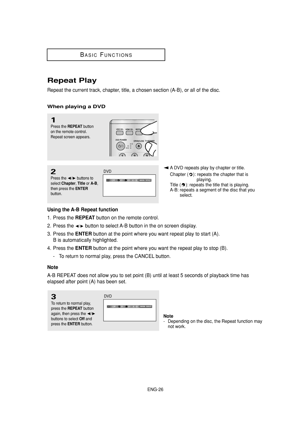 Samsung DVD-1080P7 manual Repeat Play, Using the A-B Repeat function, When playing a DVD, Press the / buttons to 