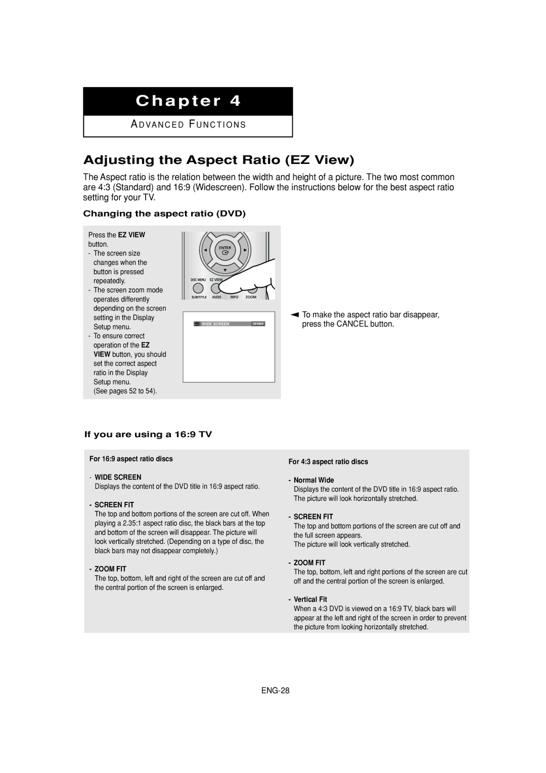 Samsung DVD-1080P7 manual Adjusting the Aspect Ratio EZ View, Changing the aspect ratio DVD, If you are using a 169 TV 