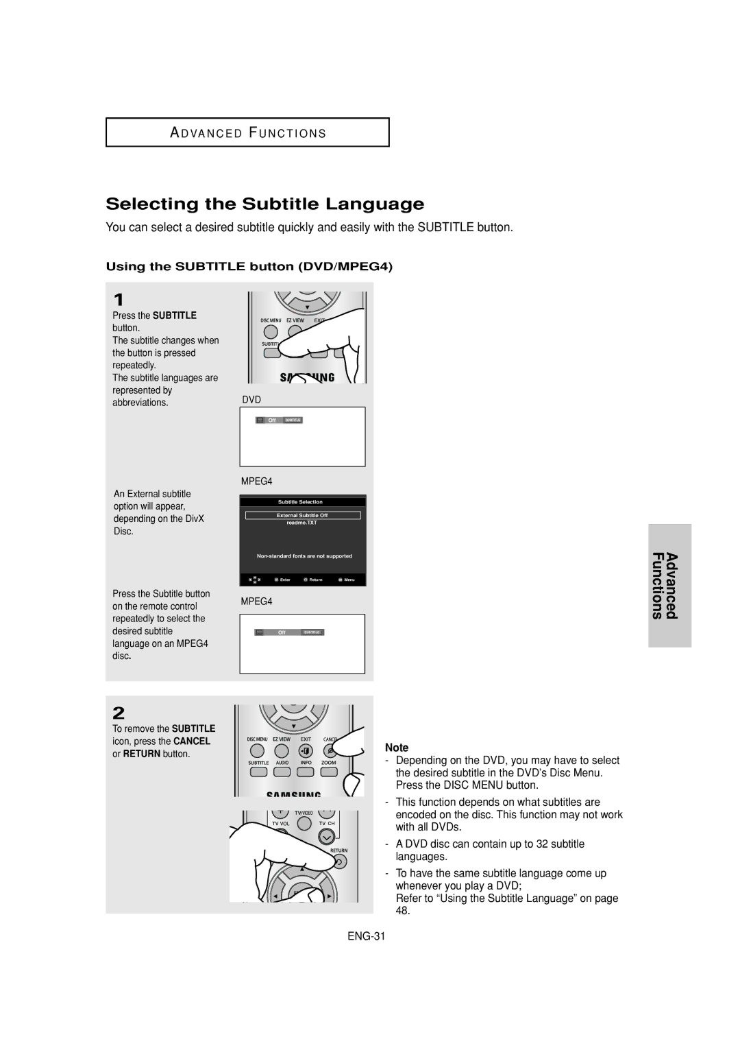 Samsung DVD-1080P7 manual Selecting the Subtitle Language, Using the Subtitle button DVD/MPEG4 