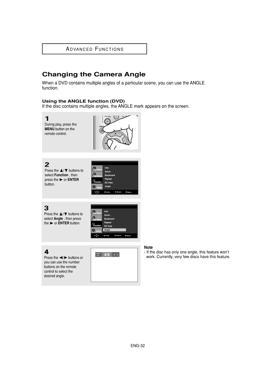 Samsung DVD-1080P7 manual Changing the Camera Angle, Using the Angle function DVD 