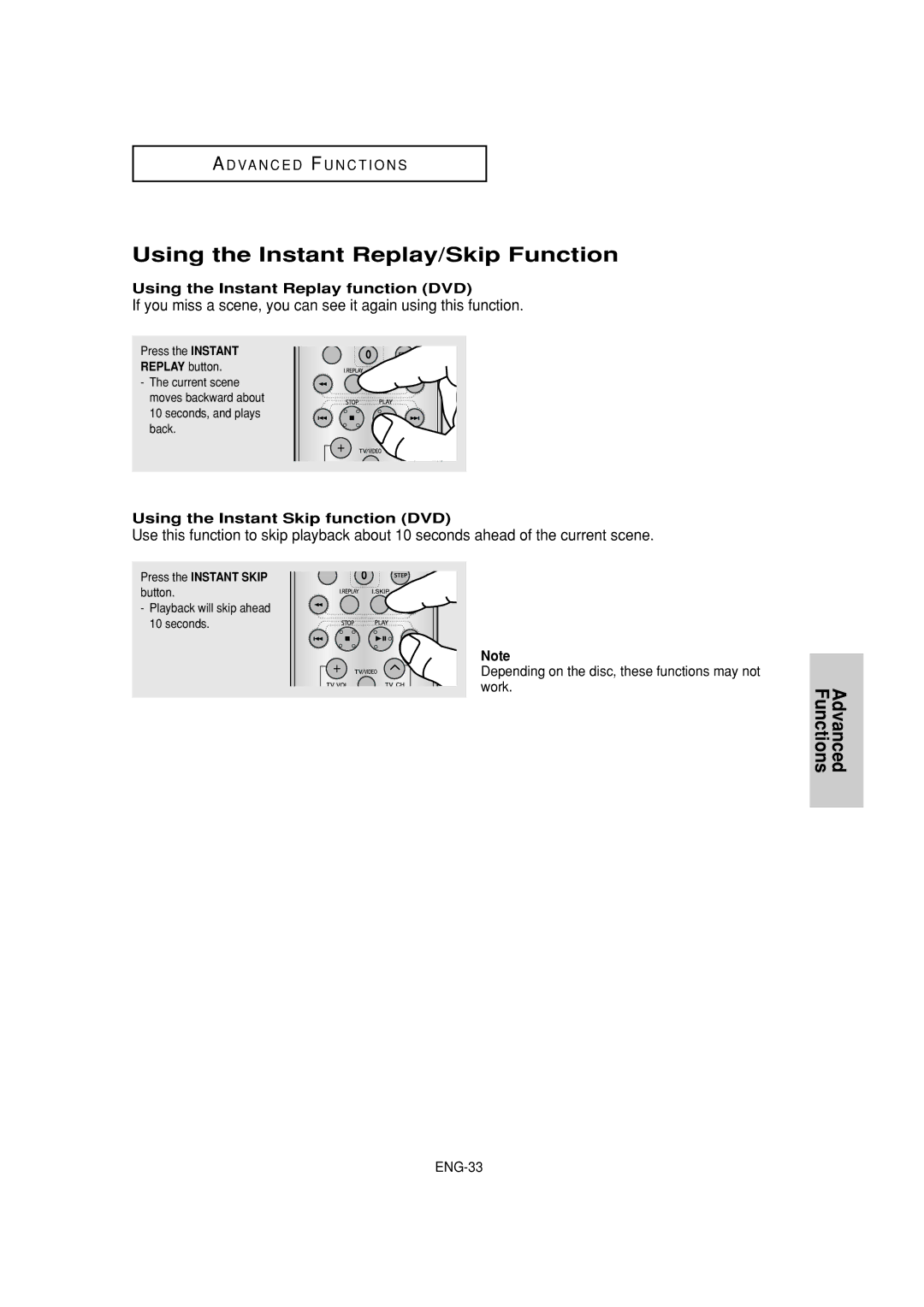 Samsung DVD-1080P7 Using the Instant Replay/Skip Function, Using the Instant Replay function DVD, Press the Instant Skip 