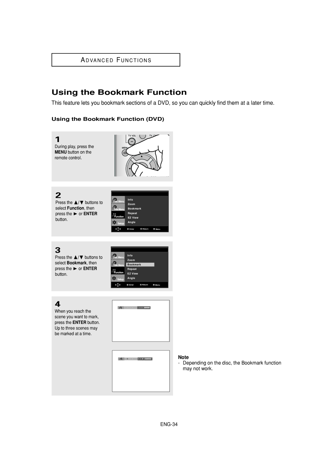 Samsung DVD-1080P7 manual Using the Bookmark Function DVD 