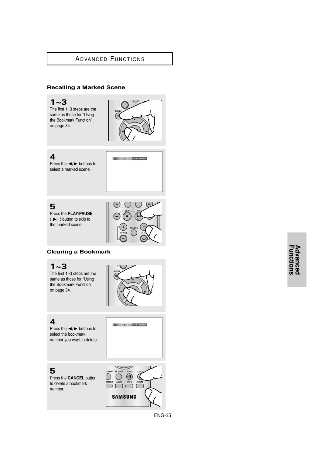 Samsung DVD-1080P7 Recalling a Marked Scene, Clearing a Bookmark, Press the PLAY/PAUSE Button to skip to the marked scene 