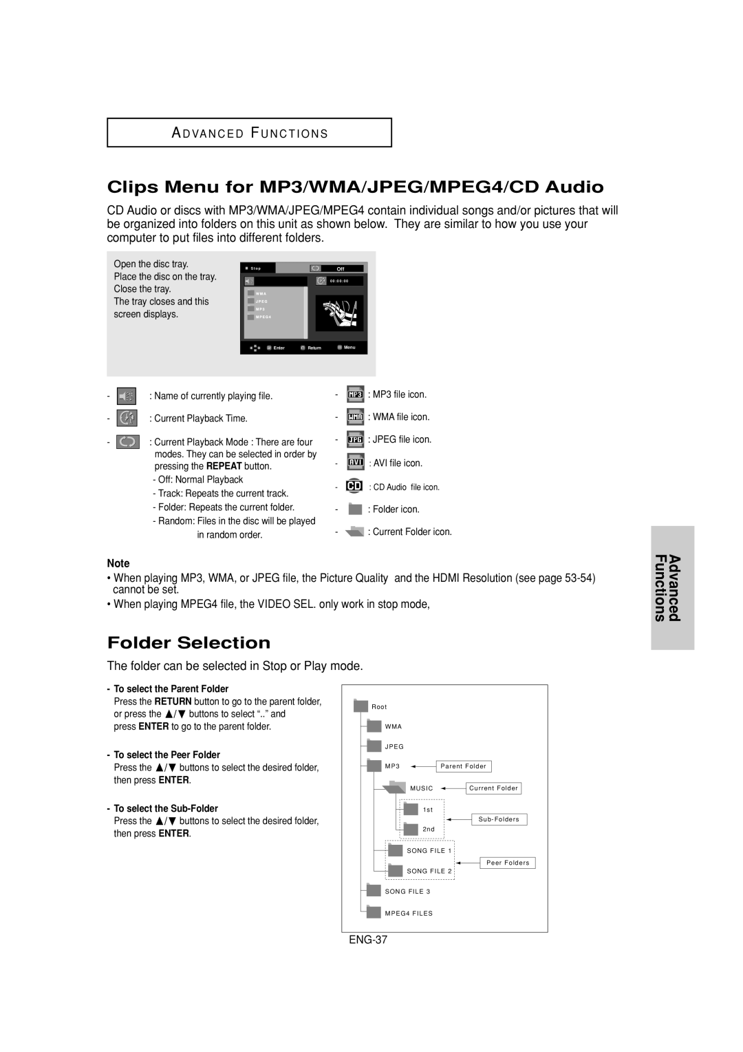 Samsung DVD-1080P7 manual Clips Menu for MP3/WMA/JPEG/MPEG4/CD Audio, Folder Selection, To select the Parent Folder 