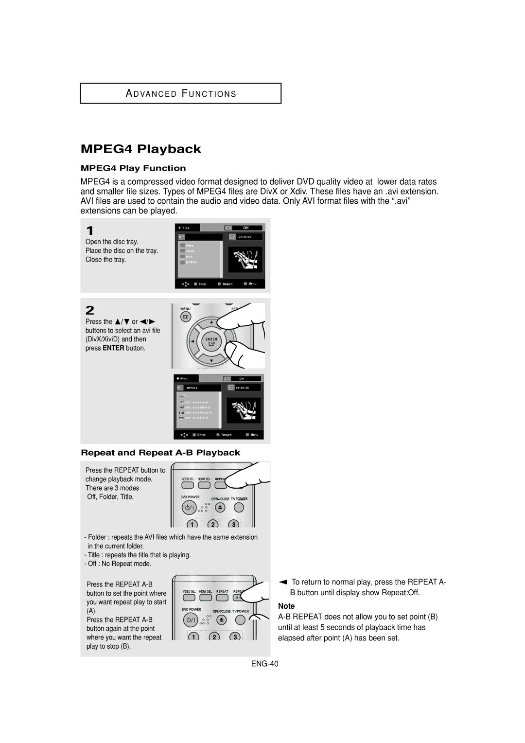 Samsung DVD-1080P7 manual MPEG4 Playback, MPEG4 Play Function, Repeat and Repeat A-B Playback 