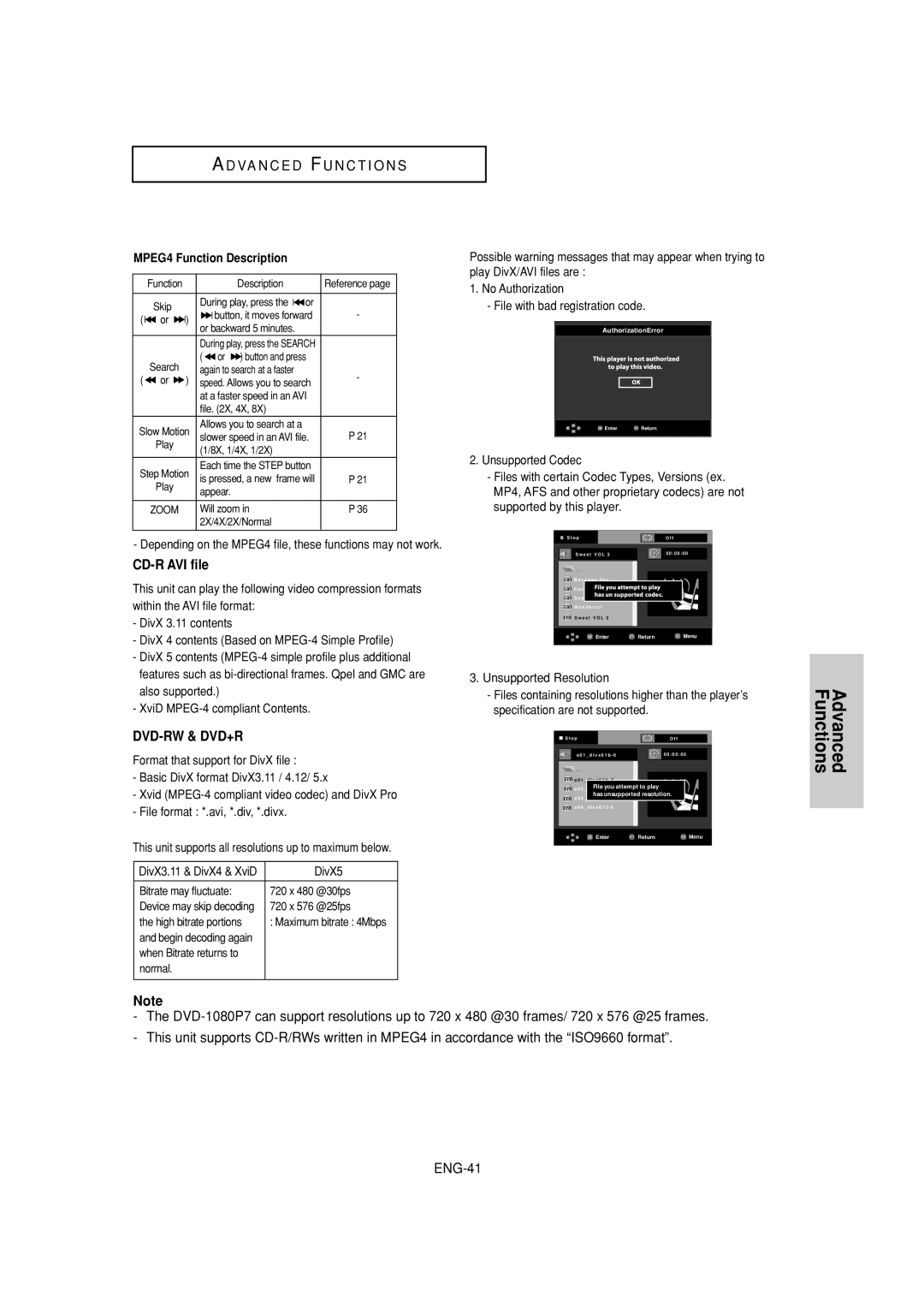 Samsung DVD-1080P7 manual CD-R AVI file, MPEG4 Function Description, DivX5 