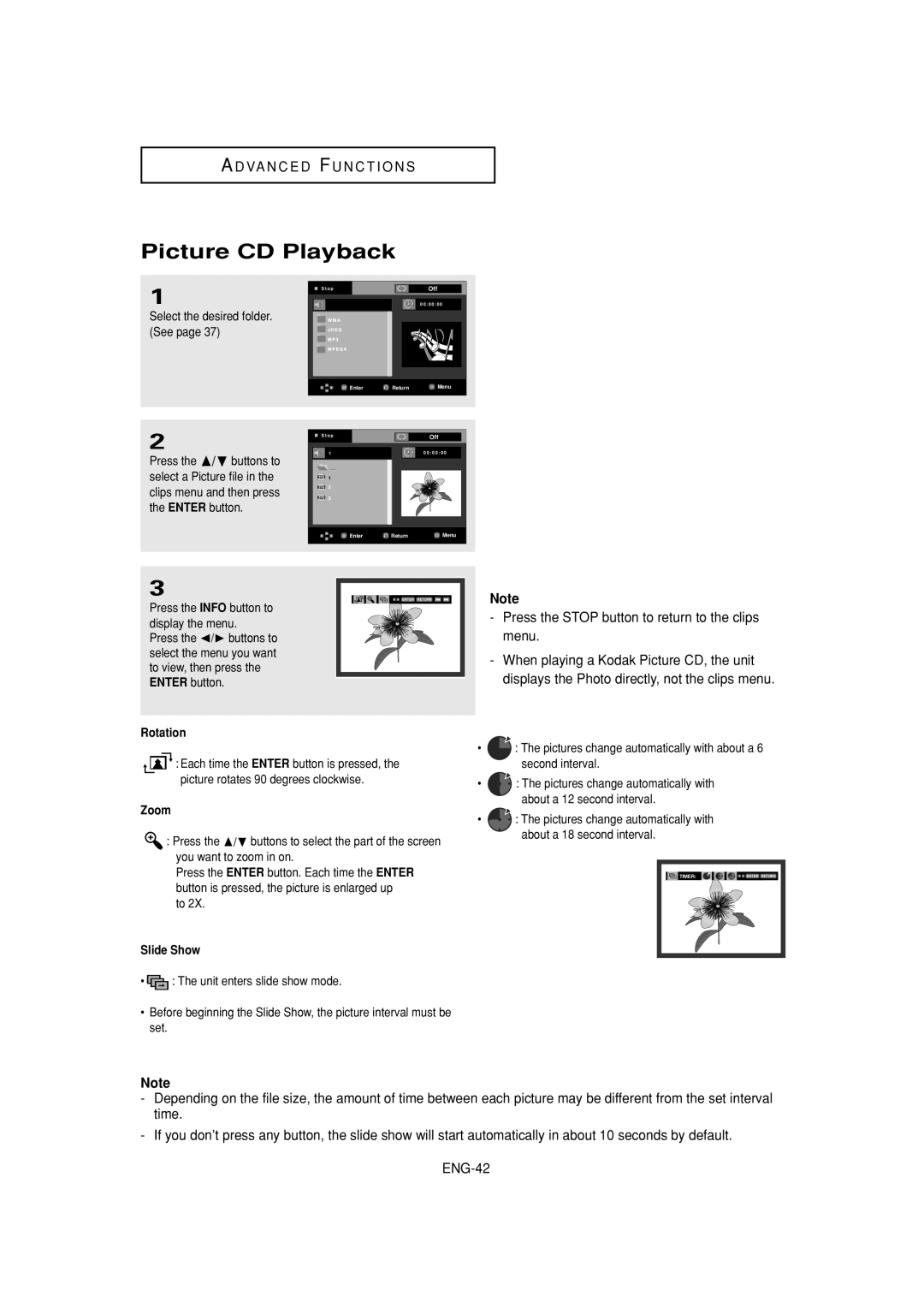 Samsung DVD-1080P7 manual Picture CD Playback, Rotation, Zoom, Slide Show 