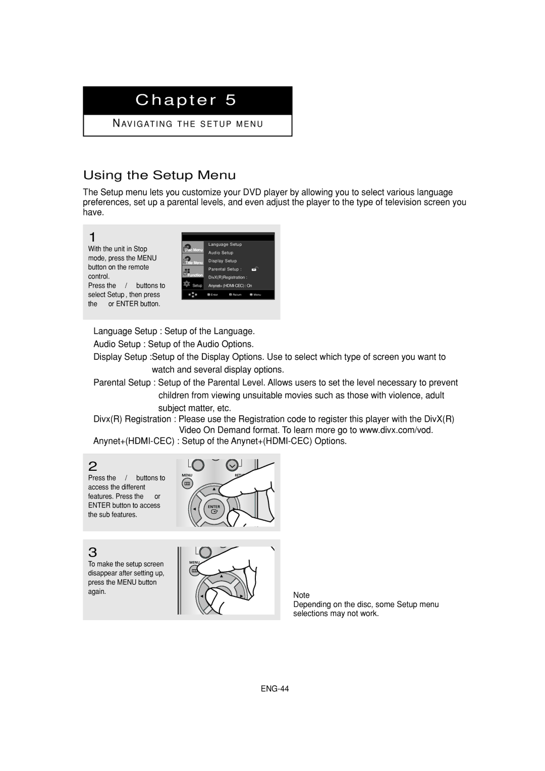 Samsung DVD-1080P7 manual Using the Setup Menu, Button on the remote control 